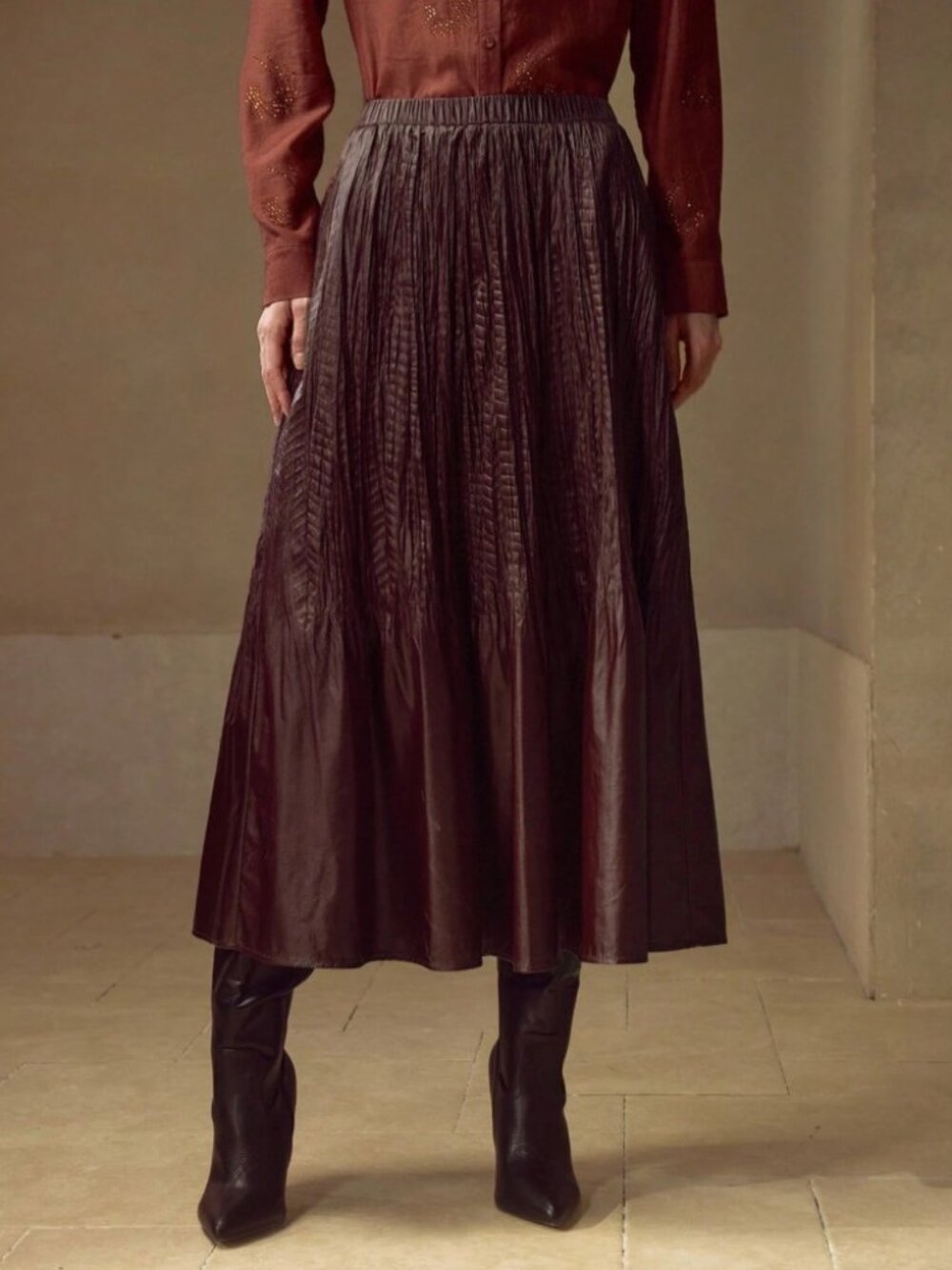 Burgundy Faux Leather Textured Crinkled Pleated A-Line Midi Skirt